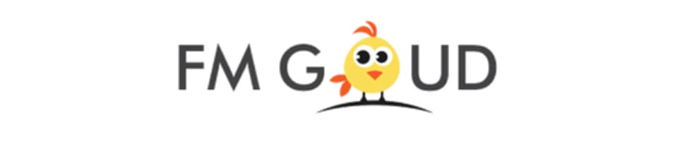 Image shows the logo for FM Goud: A white background, the station name in black font and the 'o' is a cartoon chick.