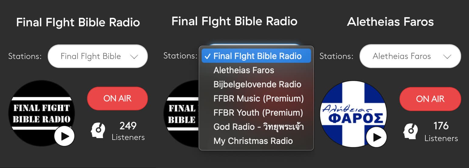 Image shows a screenshot of switching between radio stations in the Radio.co dashboard.