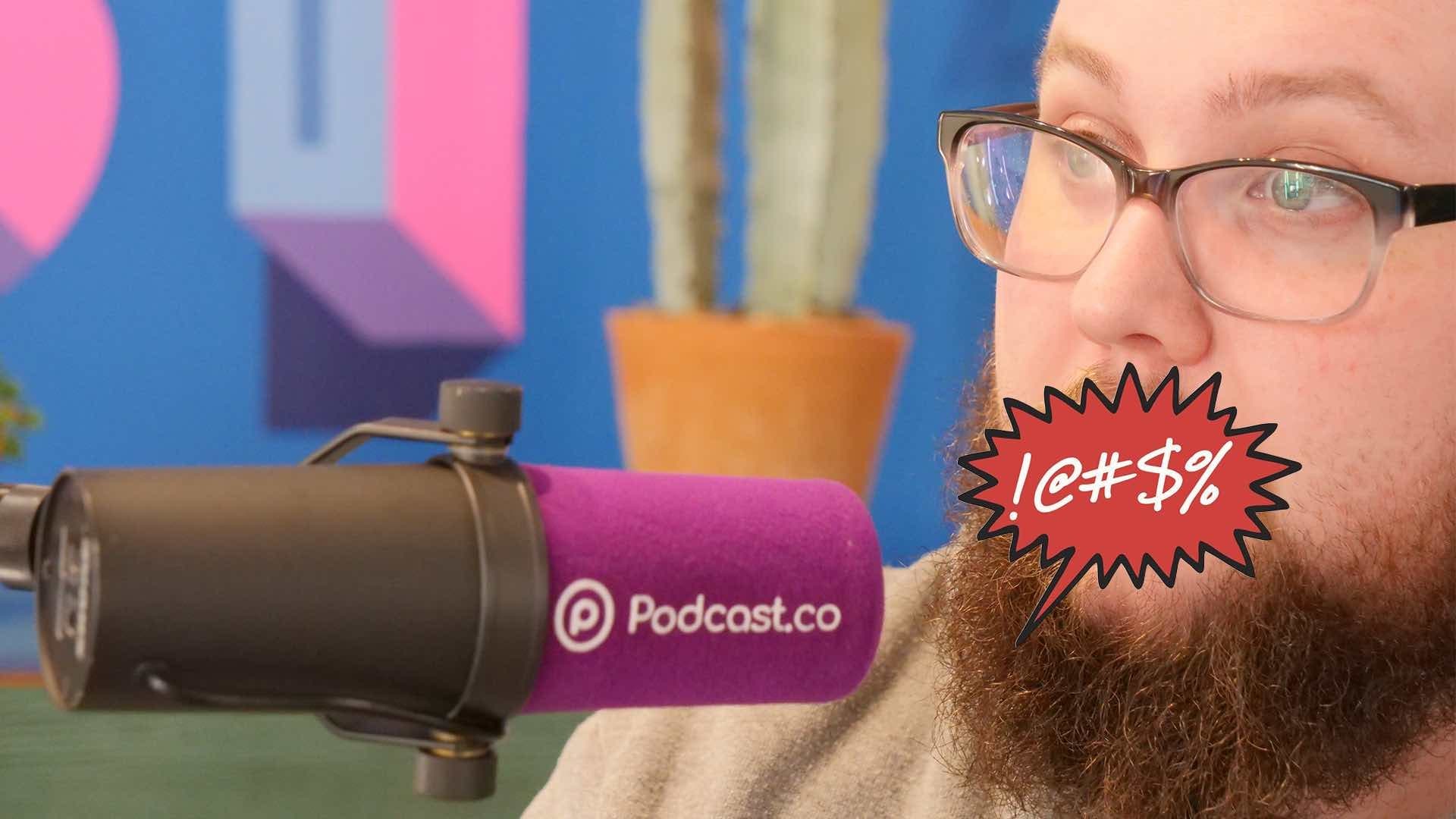 Image shows a man speaking into a microphone with a superimposed speech bubble over his mouth to show he is swearing.