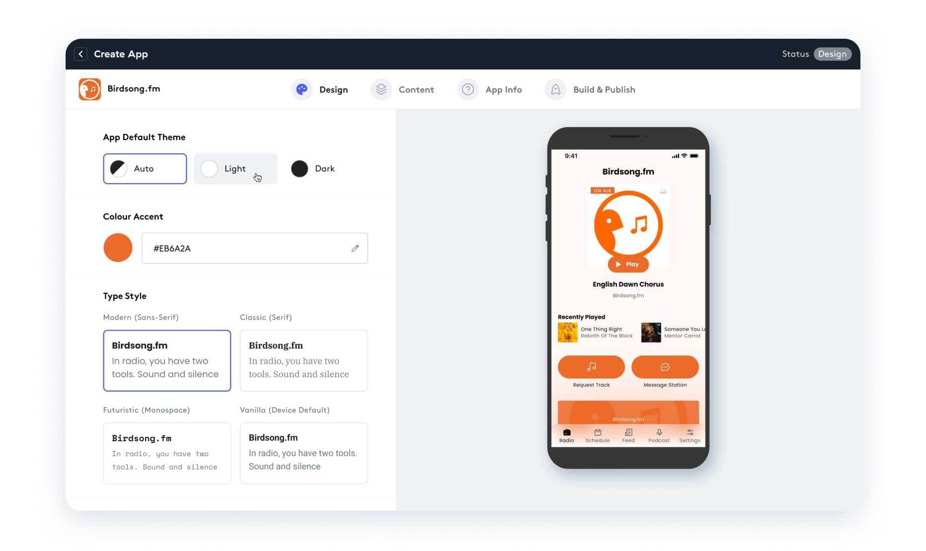 Image shows the Radio.co app builder, for designing your radio app. Users can see the changes immediately with the app example on the right hand side.