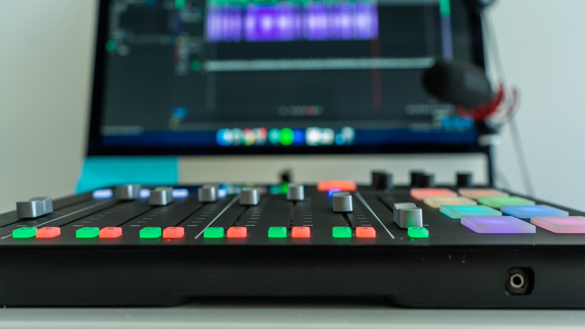 Image shows a Rodecaster pro, on a desk with a computer behind it. Image is taken from the same level as the Rodecaster Pro.
