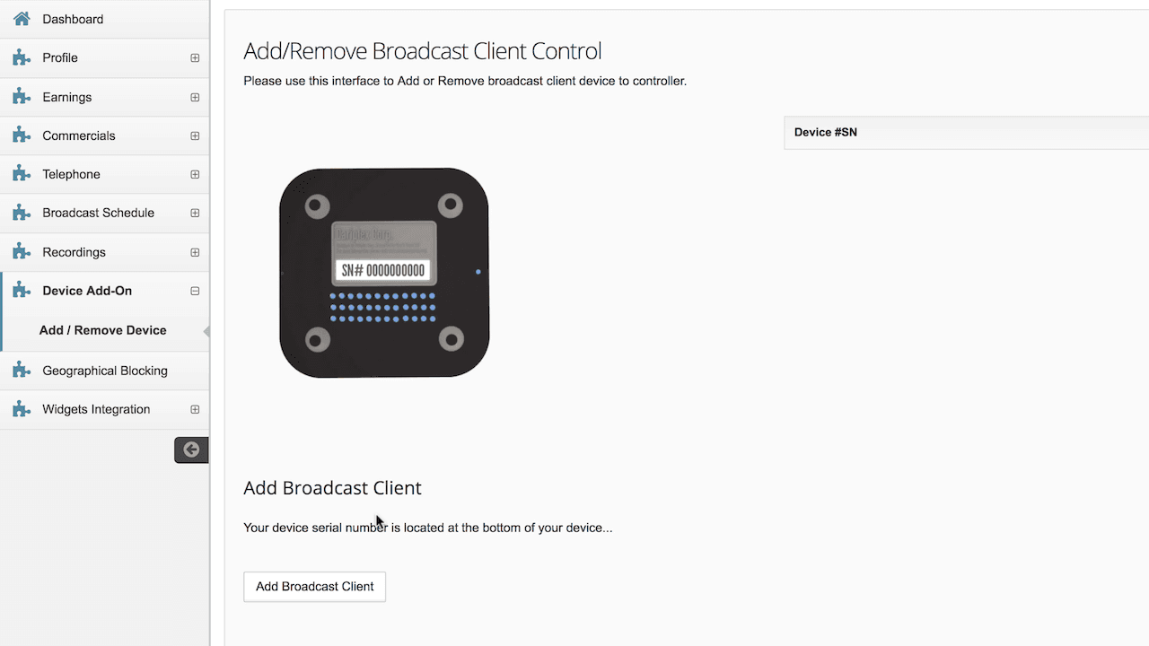 Image is a screenshot from the zerhex control panel, showing the tab for adding and removing a Broadcast Client.