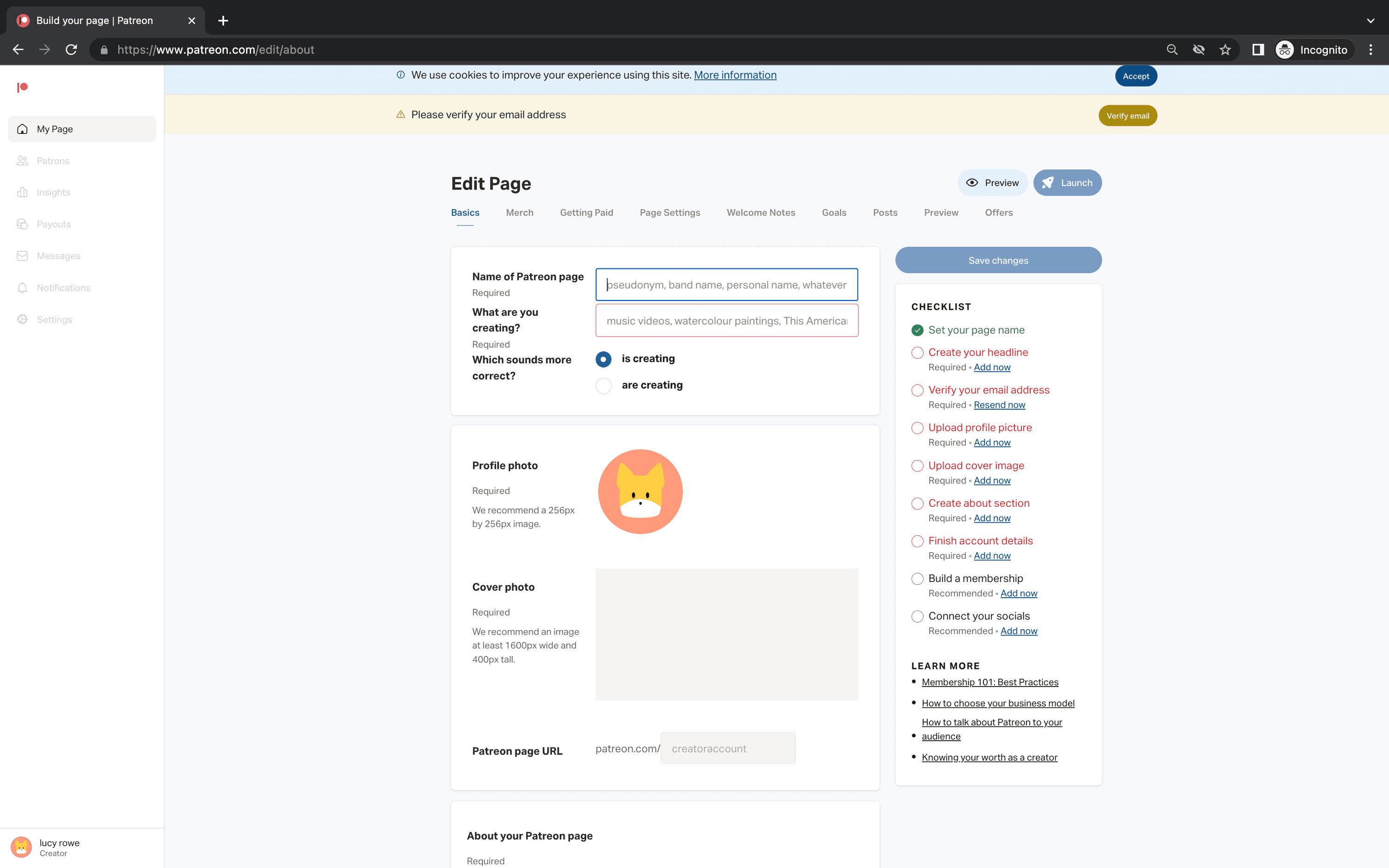 Image shows a screenshot of the settings for editing your Patreon page.