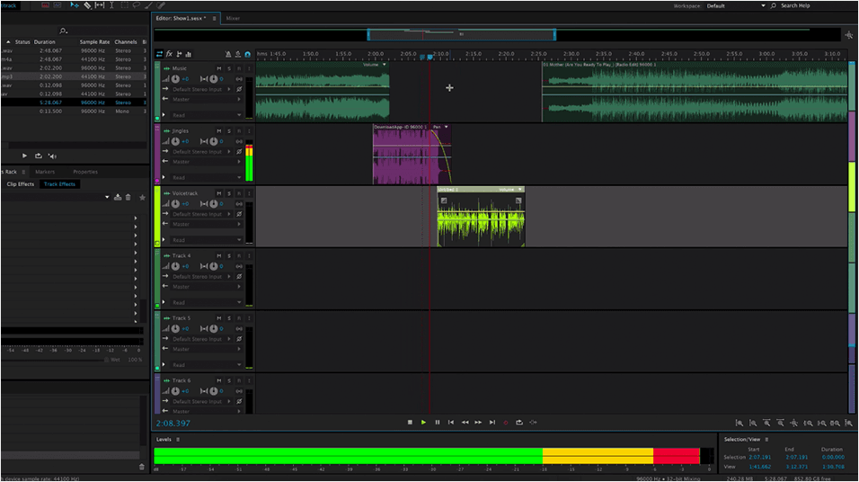 This is a black screenshot of how Adobe Audition appears, with green scrubbers and green and red soundlevels visible.