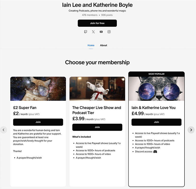 Image shows Iain Lee & Katherine Boyle's Patreon Page.