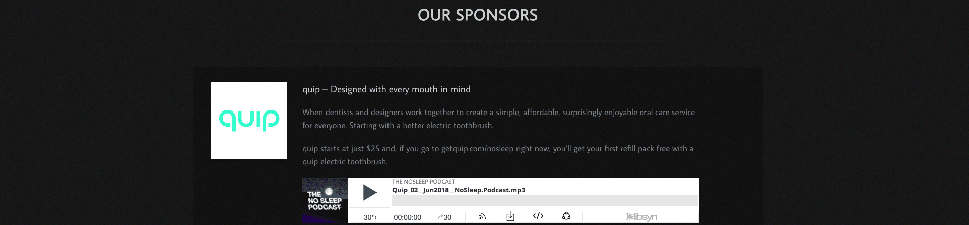 Image is a screenshot from a podcast website, showing details of the podcast sponsor.