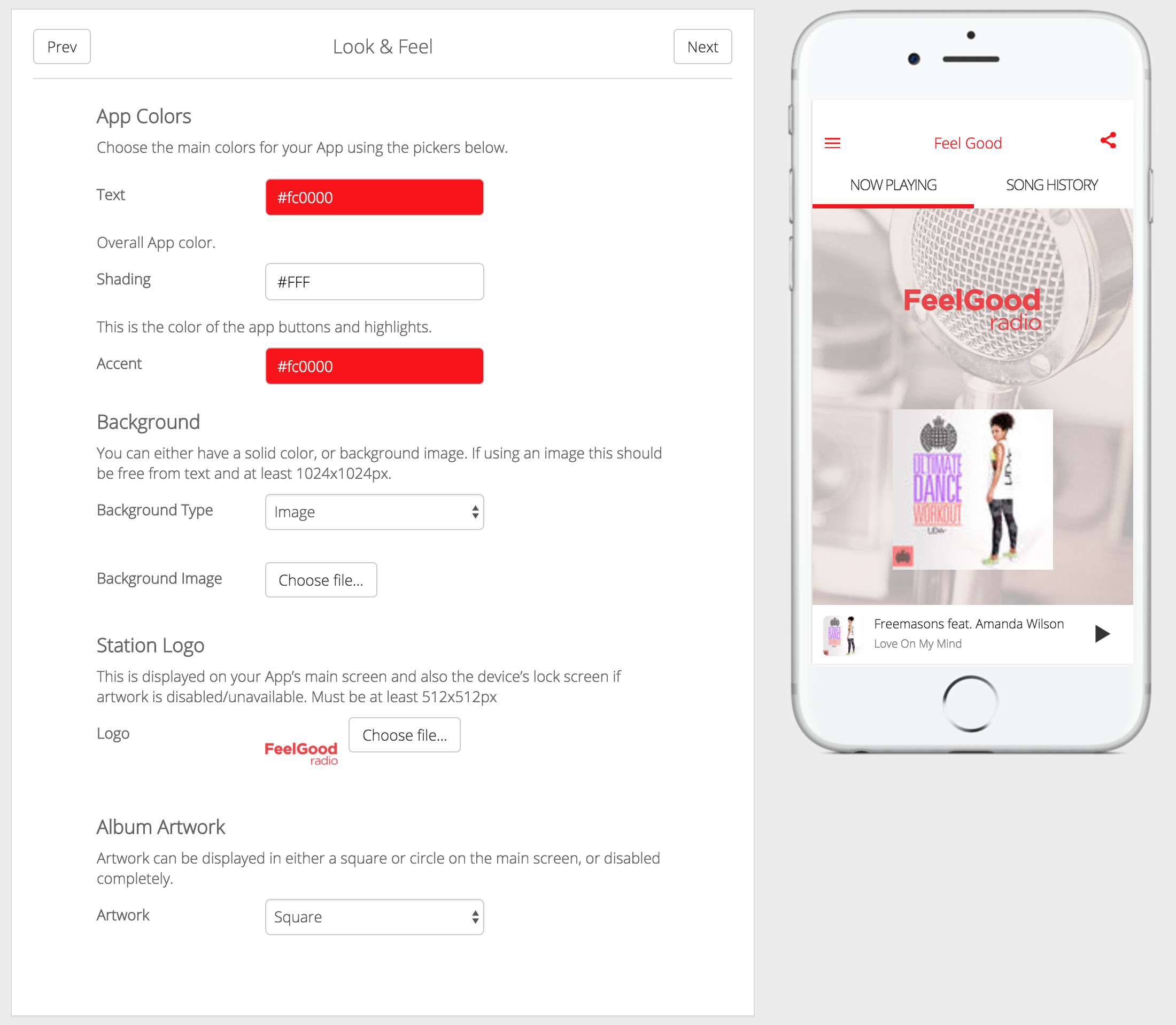 This is a screenshot highlighting the Radio.co App Builder Look & feel overall. On the right is a white iPhone open on the App. On the left is a list of different options and inputs available for the app.