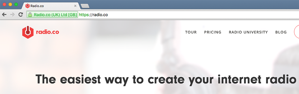 This is a screenshot of a Safari Internet page intended to highlight the SSL Secure Padlock next to the web address in the top left corner. It is green. Above it is a Radio.co tab, and below is a white cut-off webpage.