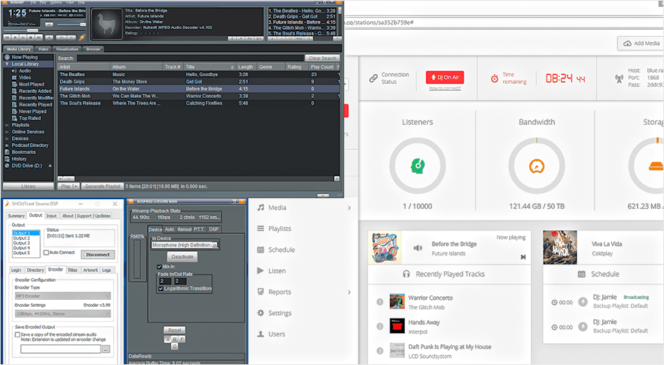 This is a screenshot in black and white of the Radio.co dashboard in order to illustrate how to talk over music for radio and broadcasters.