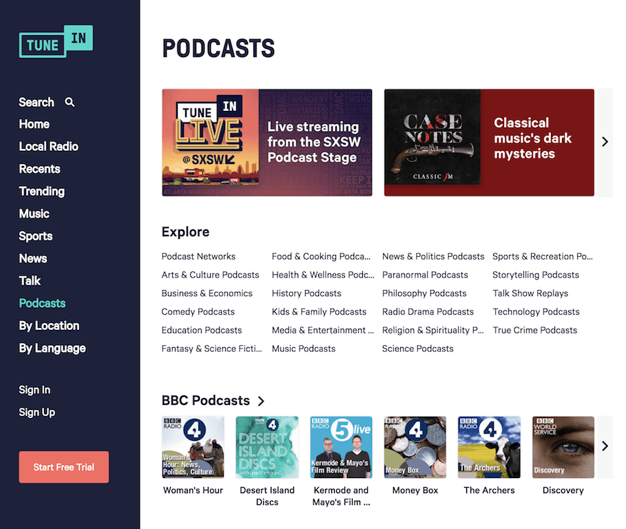 Image shows the Podcasts page on TuneIn.