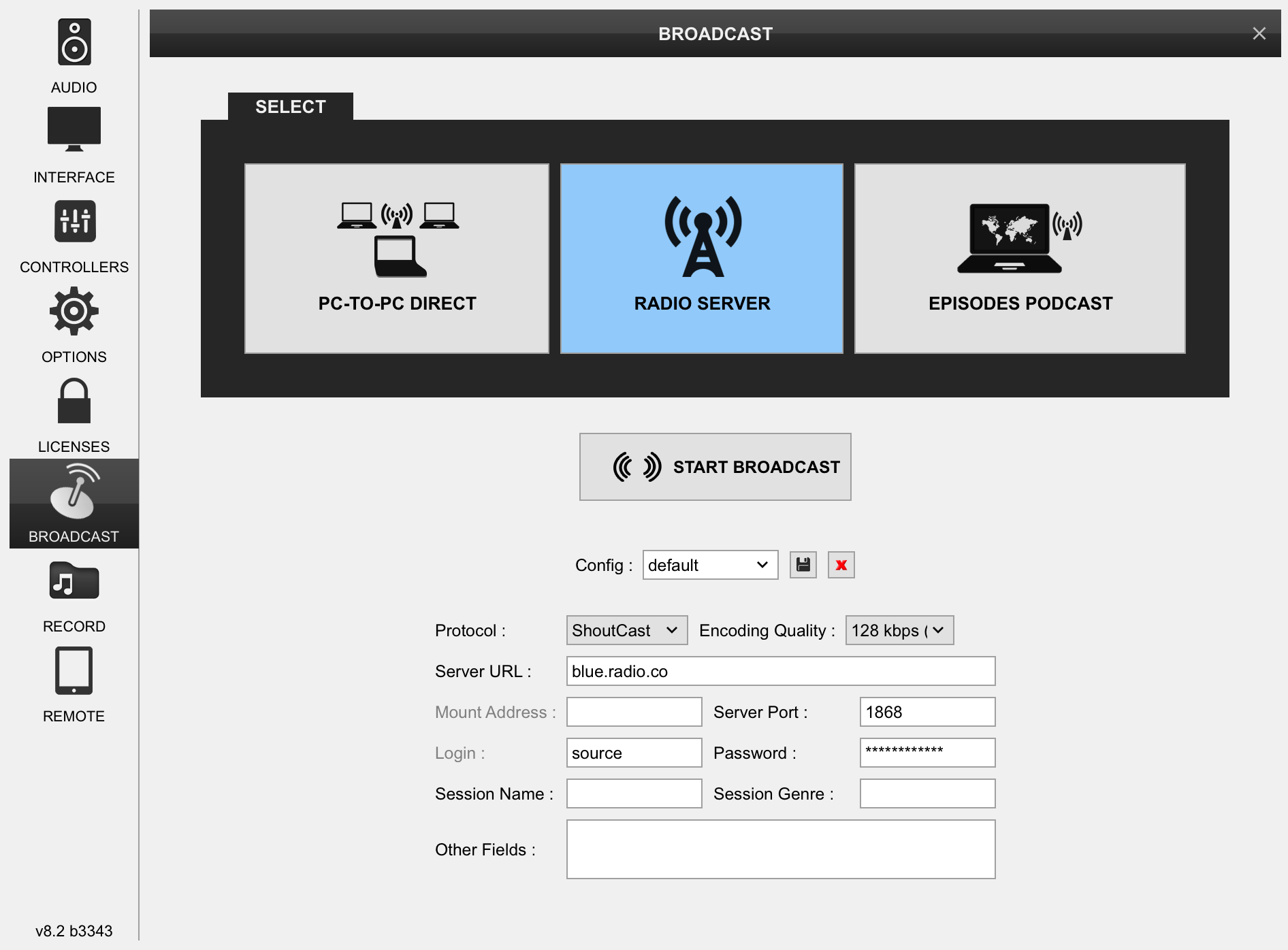 This is a grey and blue screenshot of how the Virtual DJ 8 Broadcast appears