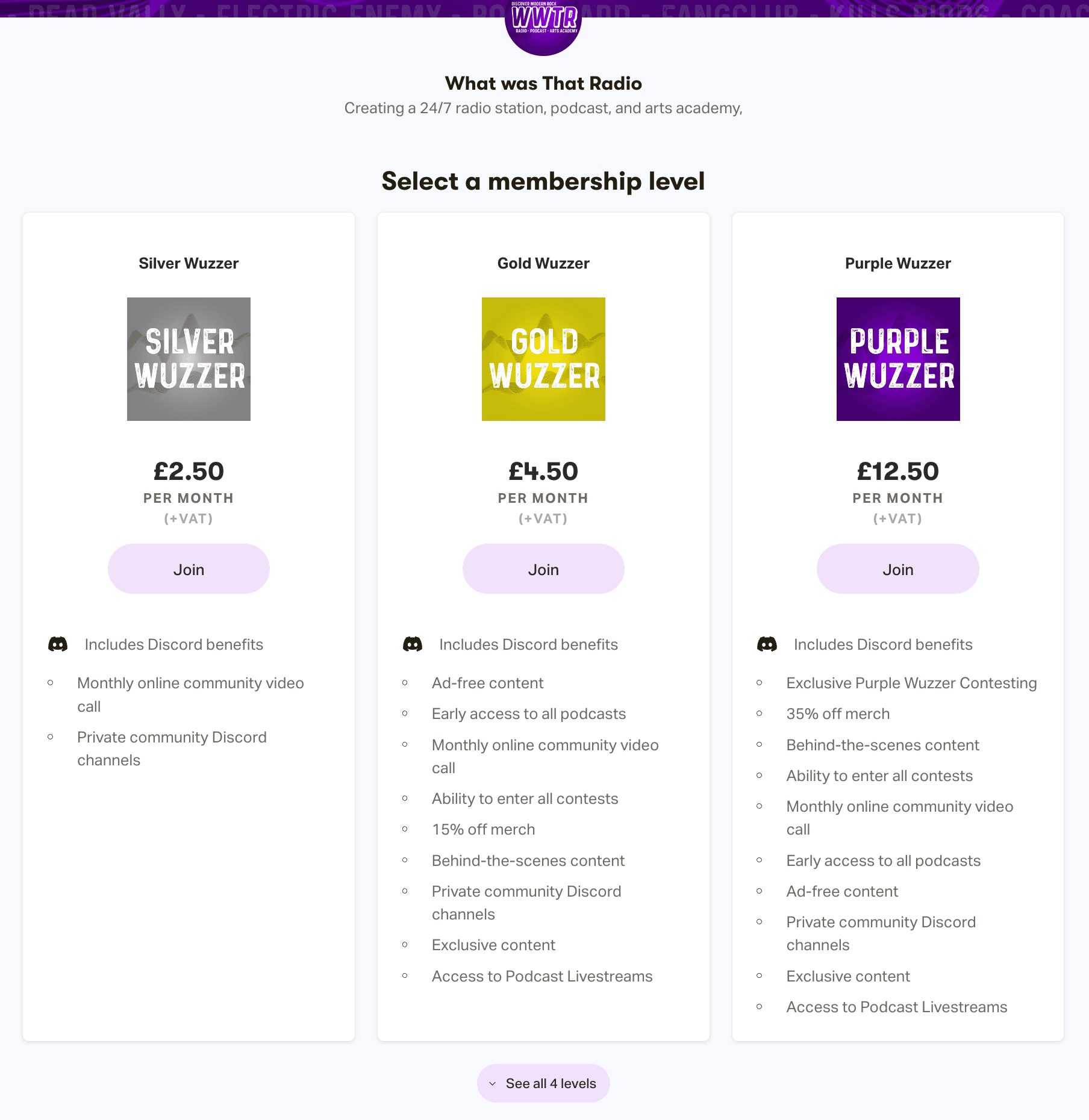 Image shows the Patreon membership tiers for What Was That Radio