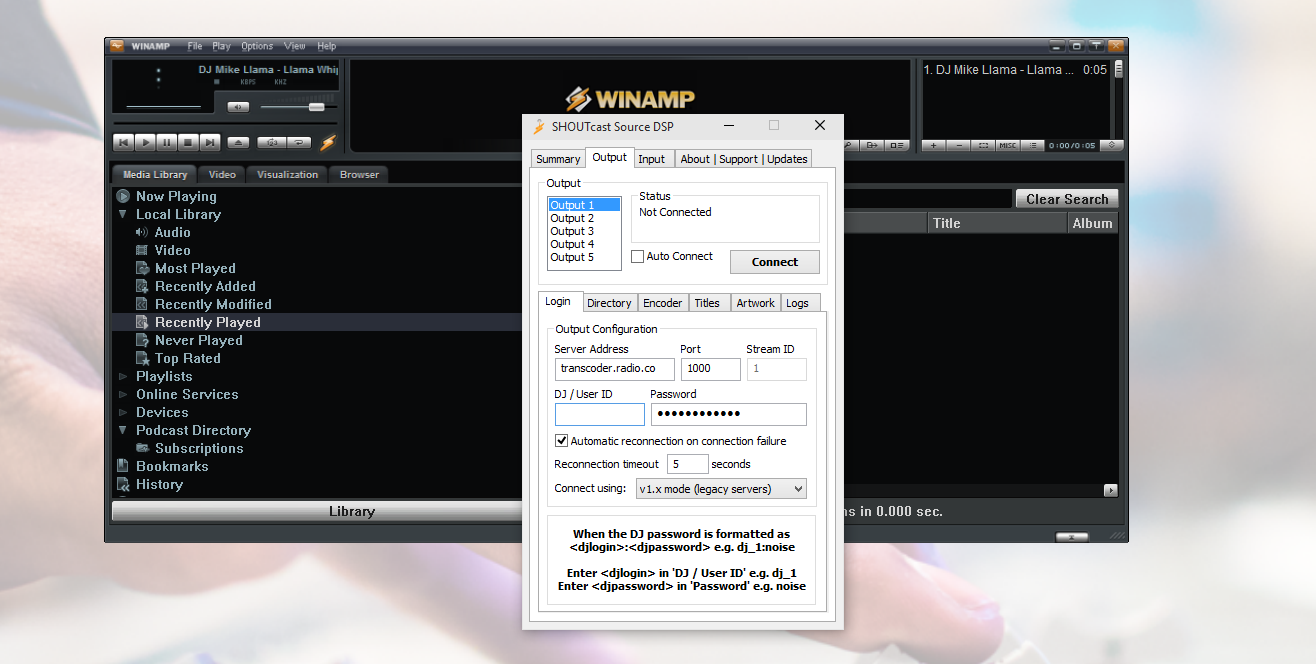 This is a screenshot of the smaller details on the Winamp SHOUTcast DSP Broadcaster.